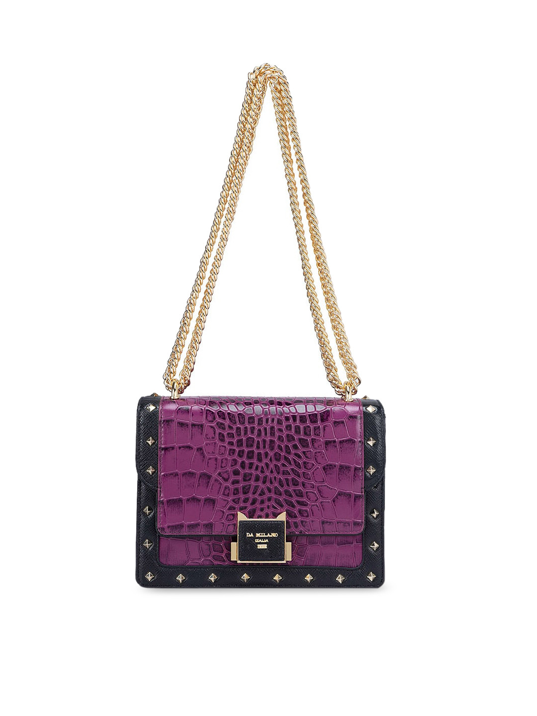 

Da Milano Textured Embellished Leather Structured Sling Bag, Purple