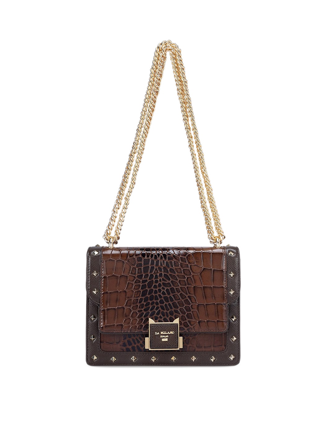 

Da Milano Textured Embellished Leather Structured Sling Bag, Brown