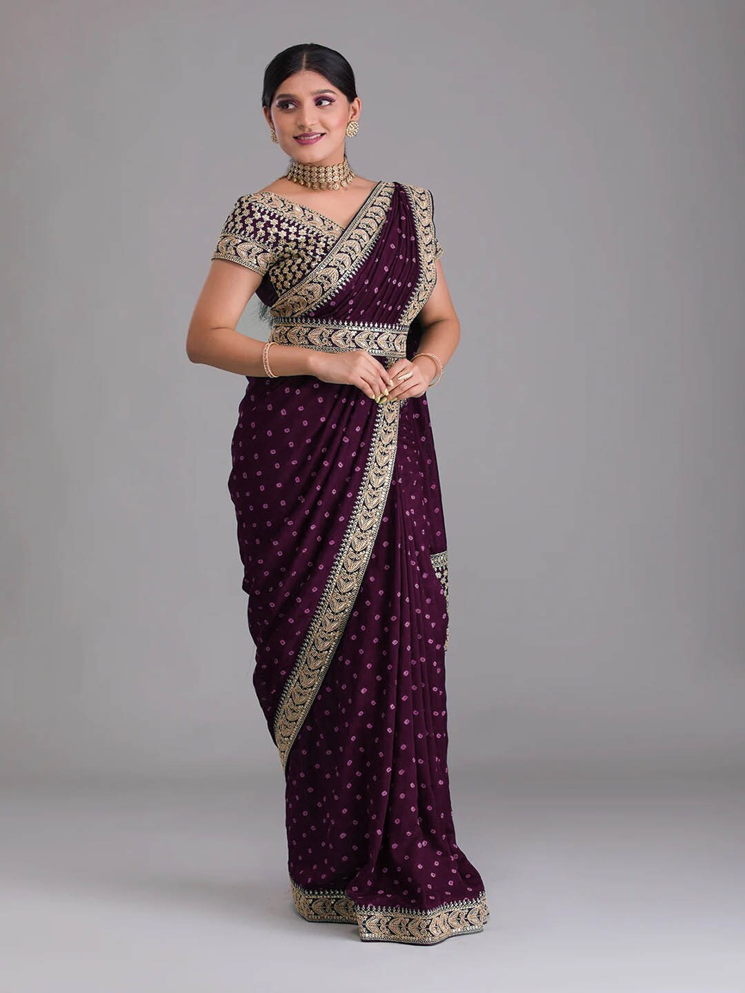 

SHUBHVASTRA Bandhani Embroidered Poly Chiffon Saree, Purple