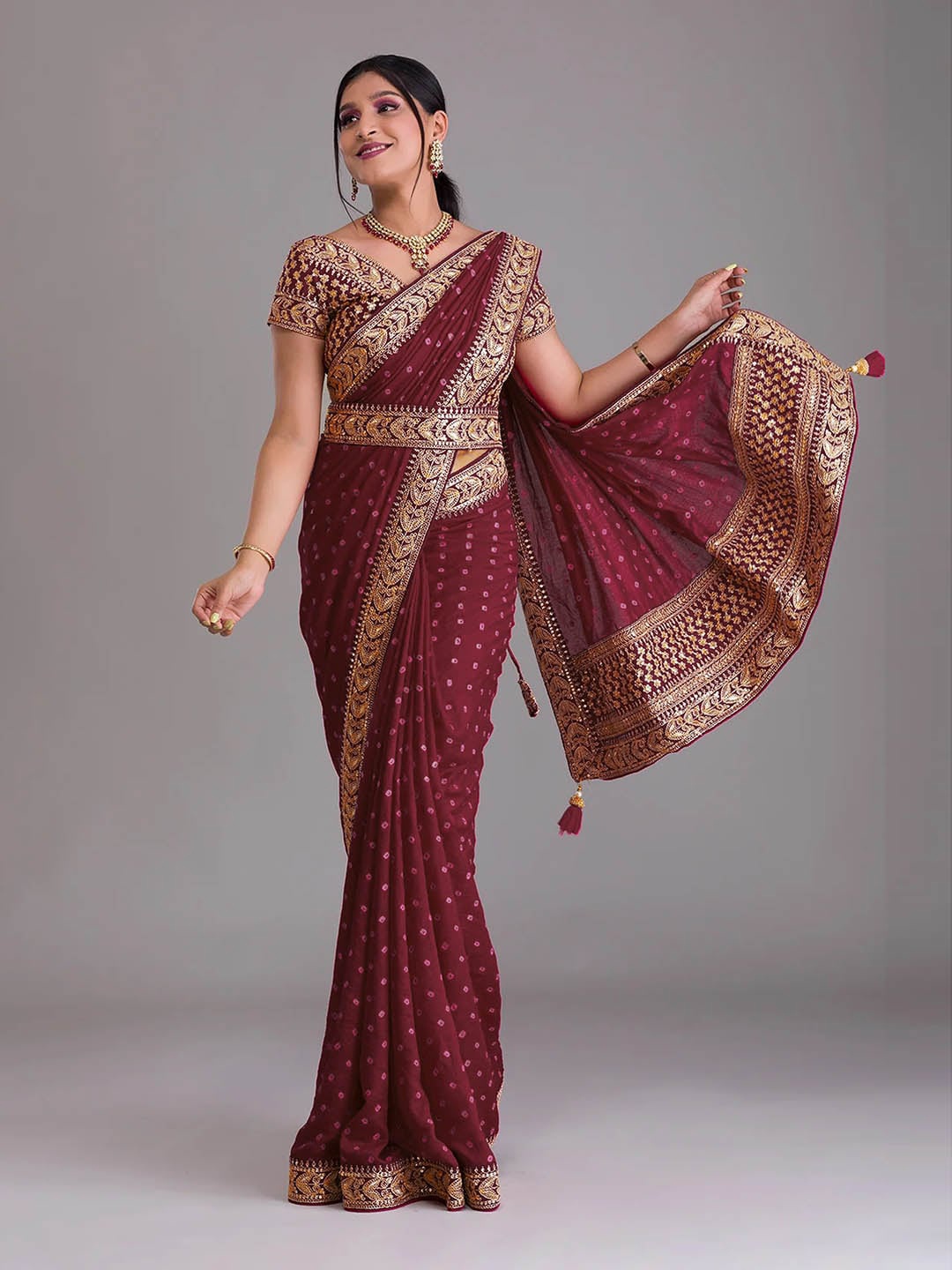 

SHUBHVASTRA Bandhani Embroidered Poly Chiffon Saree, Maroon