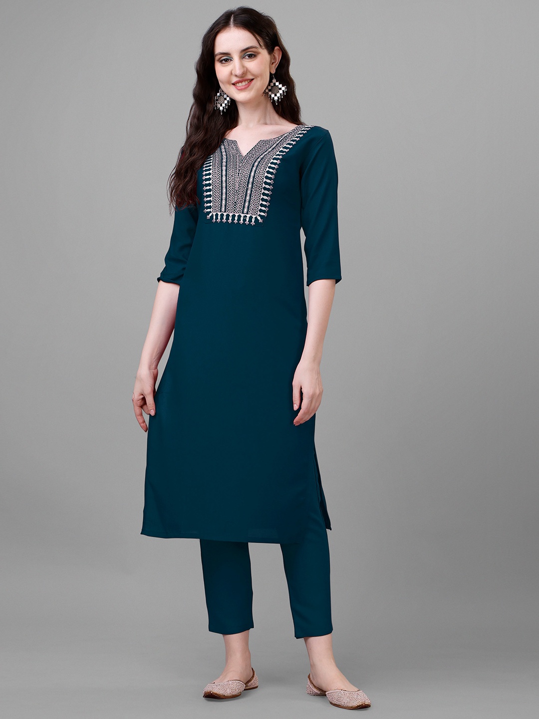 

Femvy Ethnic Motifs Yoke Design Sequined Thread Work Kurta, Navy blue