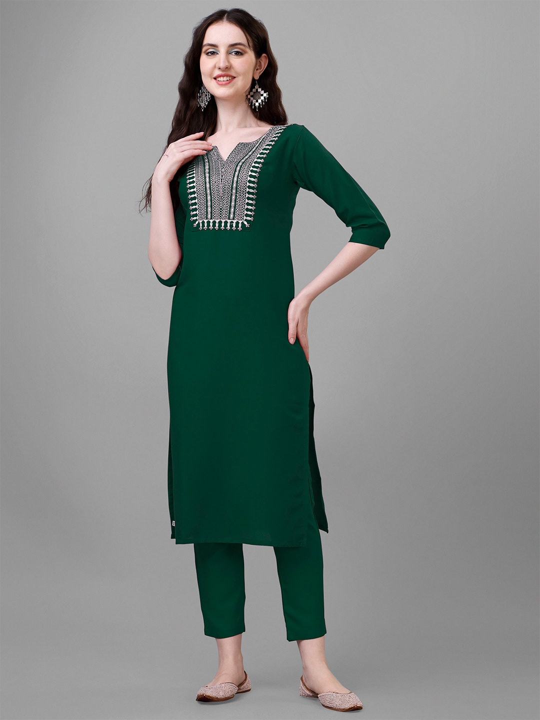 

Femvy Ethnic Motifs Yoke Design Sequined Thread Work Kurta, Green