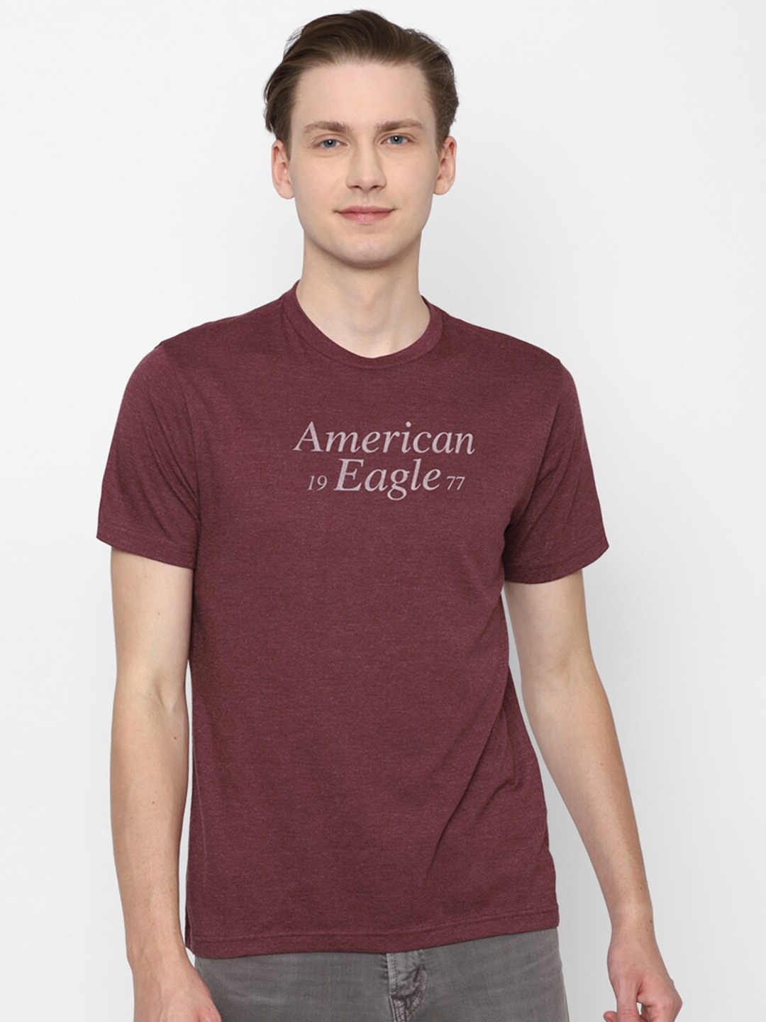 AMERICAN EAGLE OUTFITTERS Typography Printed Round Neck T-shirt, Maroon