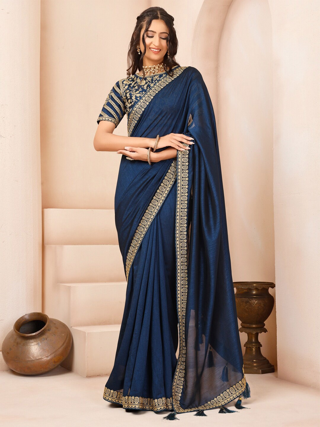 

Inddus Embroidered Silk Blend Saree, Blue