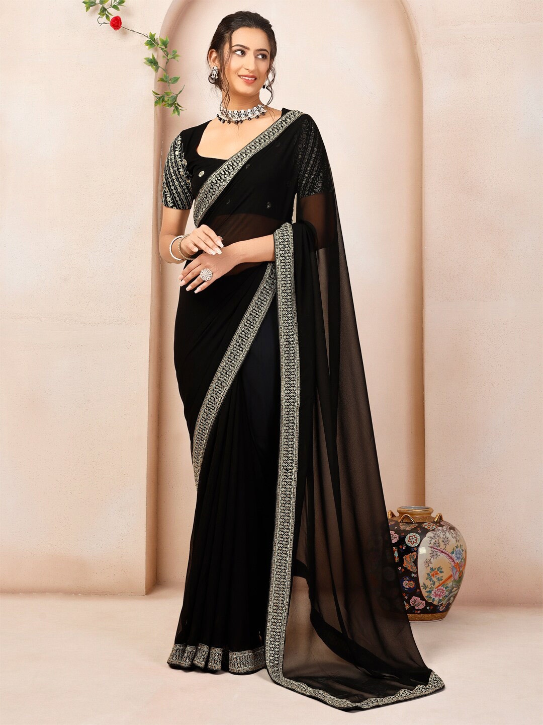 

Inddus Embroidered Seqiunned Saree, Black
