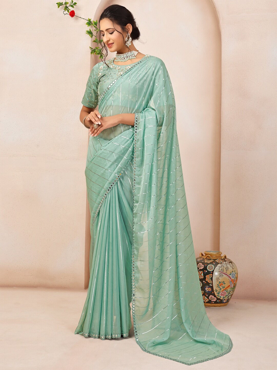 

Inddus Striped Mirror Work Organza Saree, Green