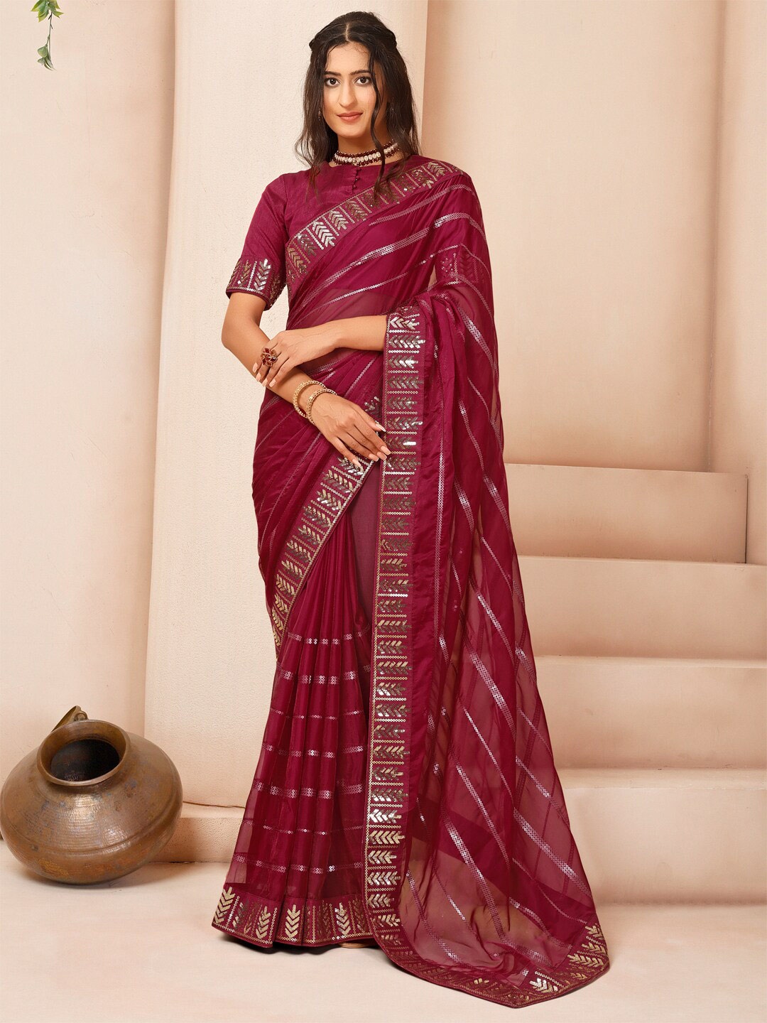 

Inddus Striped Sequinned Organza Saree, Maroon