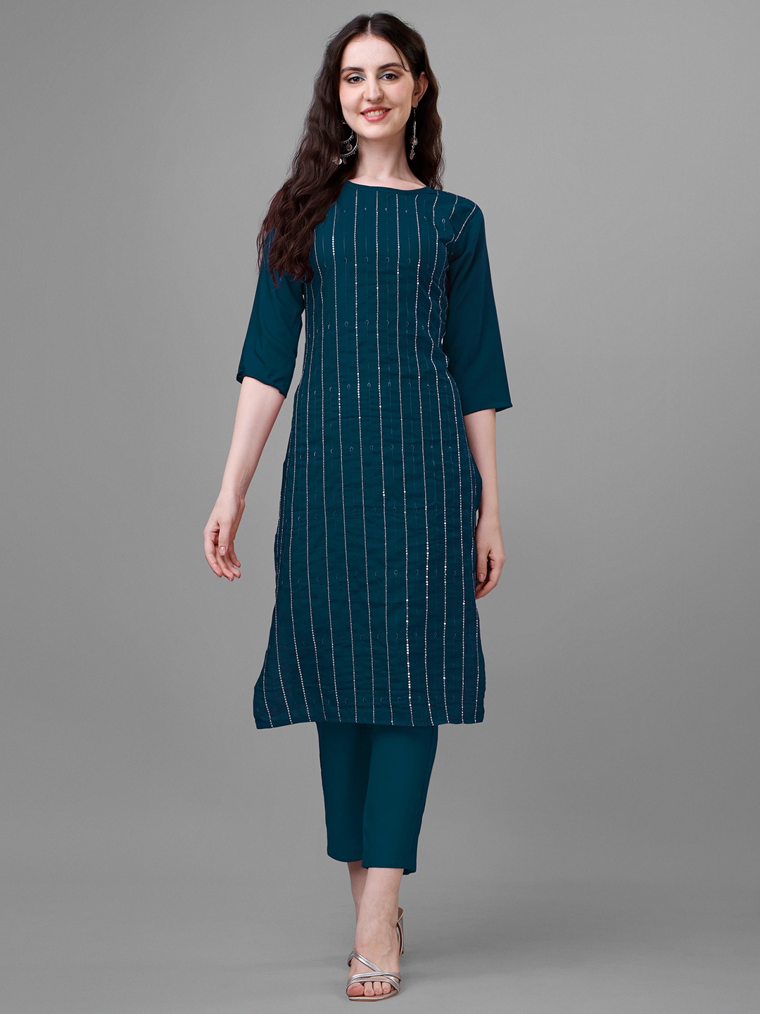 

Femvy Embroidered Sequined Straight Kurta, Blue