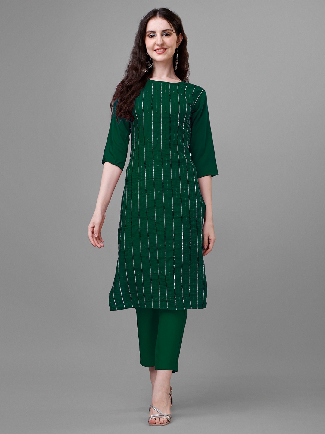 

Femvy Embroidered Sequined Straight Kurta, Green