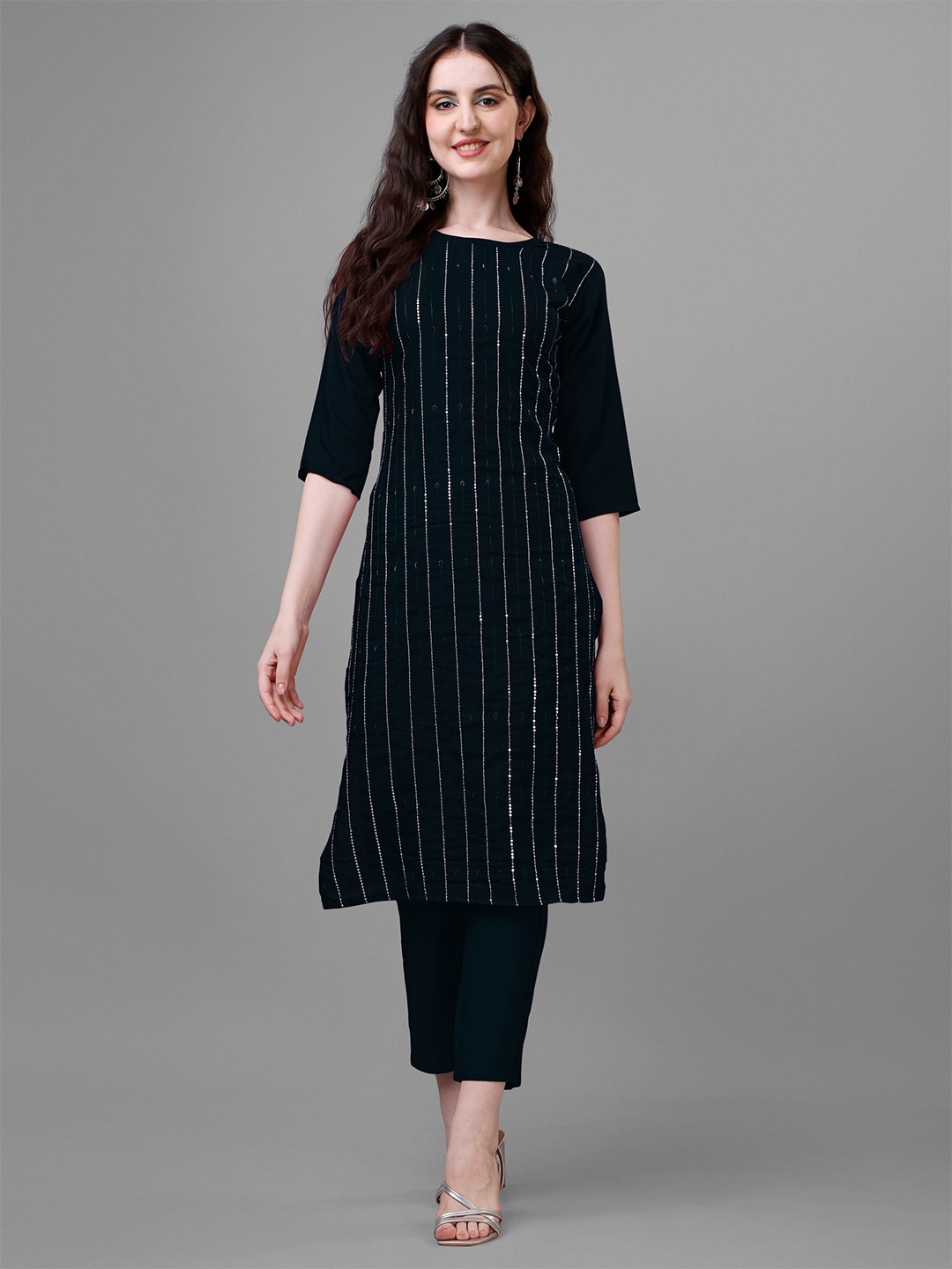 

Femvy Embroidered Sequined Straight Kurta, Black