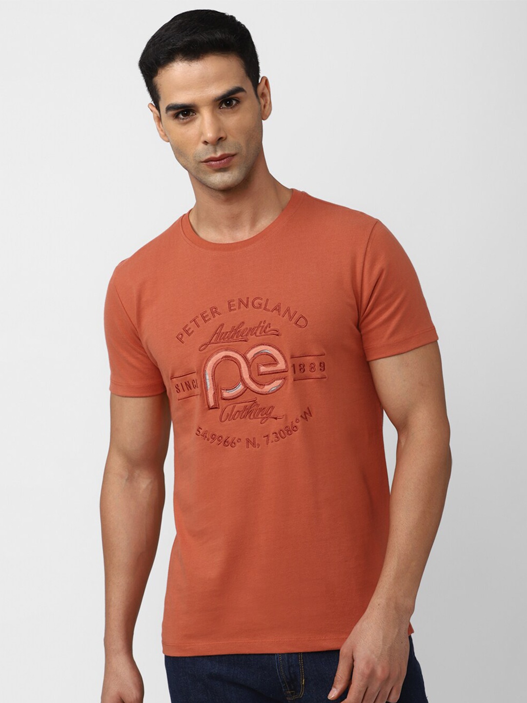 

Peter England Casuals Typography Embroidered Slim Fit T-shirt, Orange