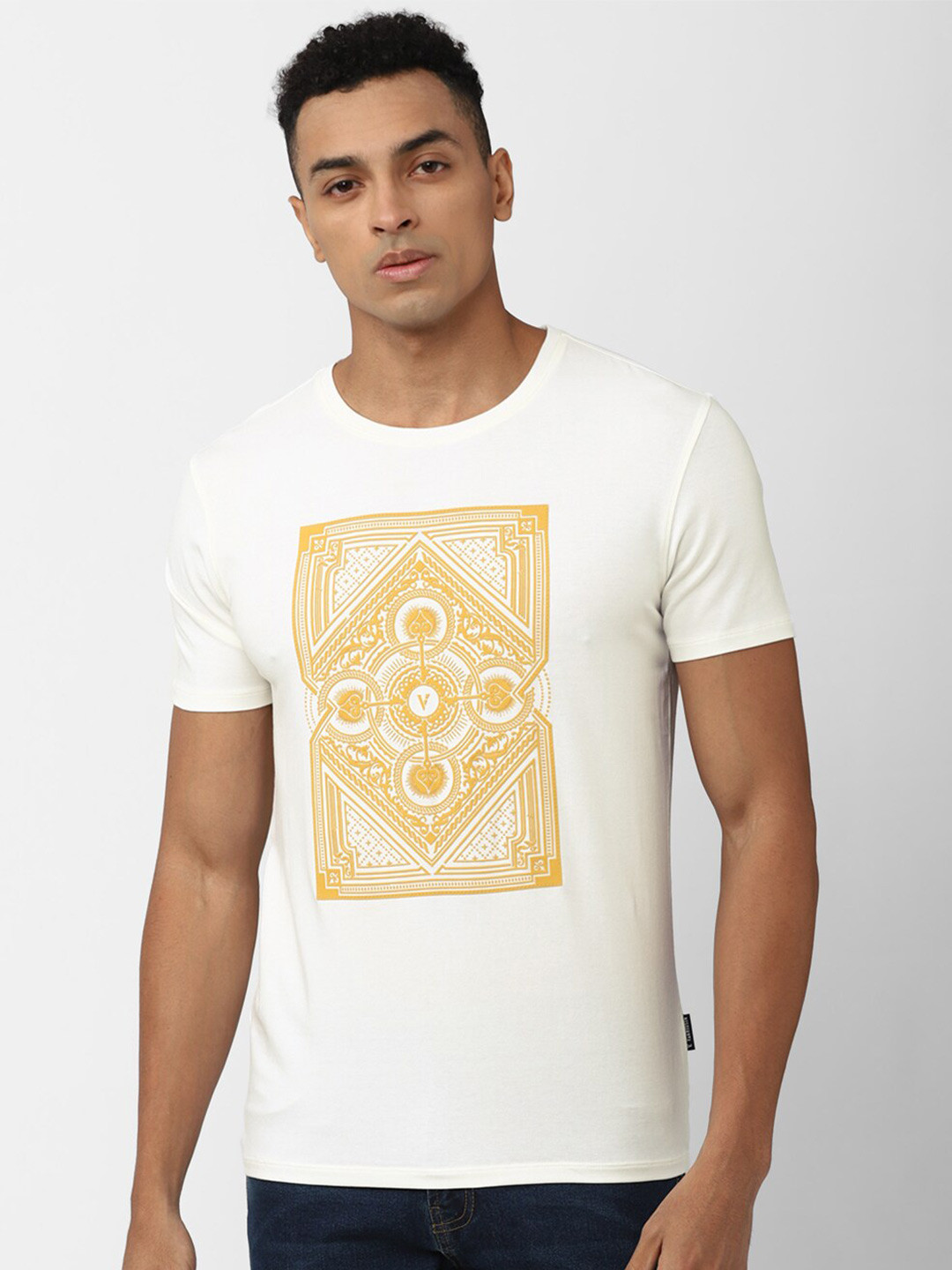 

V Dot Graphic Printed Slim Fit T-shirt, Cream