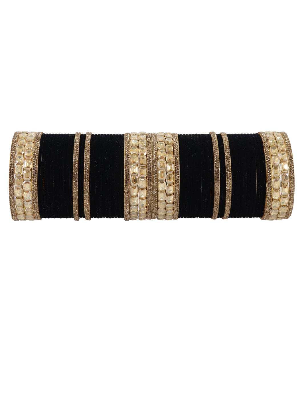 

NMII Set Of 68 Zircon Gemstone Studded & Velvet Metal Bangles, Black