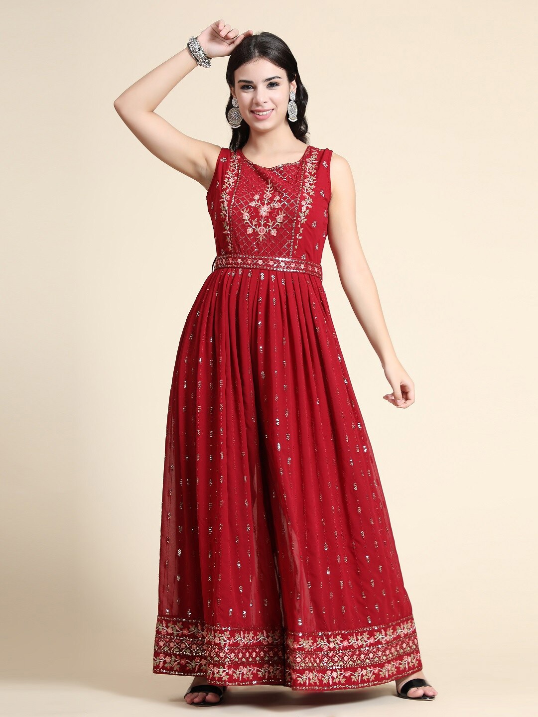 

KALINI Floral Embroidered Sequined Belted Basic Jumpsuit, Maroon