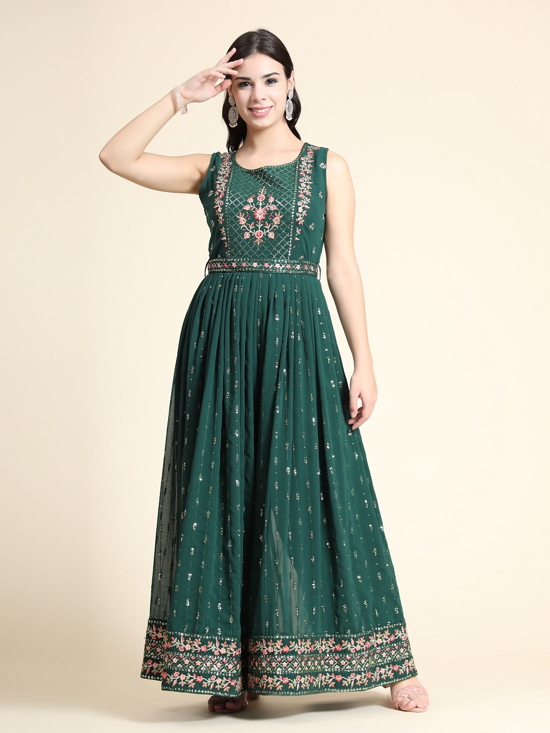 

KALINI Floral Embroidered Sequined Belted Basic Jumpsuit, Green