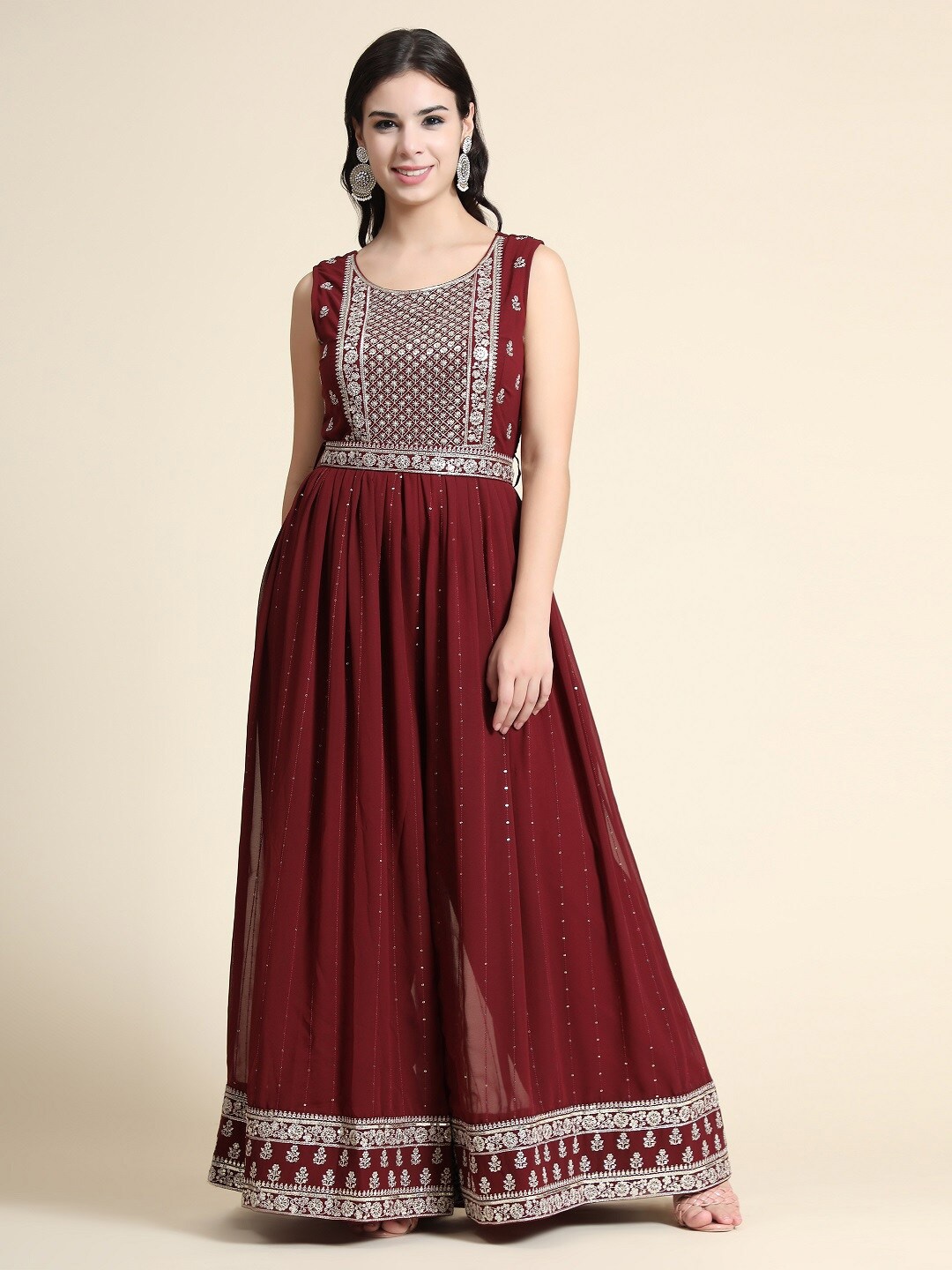 

KALINI Ethnic Motifs Embroidered Sequined Belted Basic Jumpsuit, Maroon