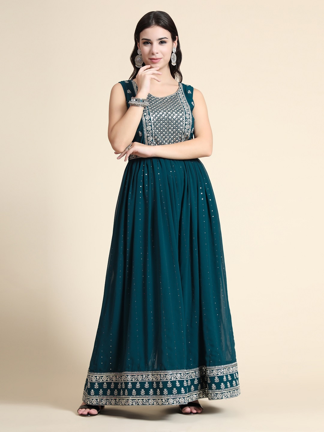 

KALINI Embroidered Basic Ethnic Jumpsuit With Belt, Teal