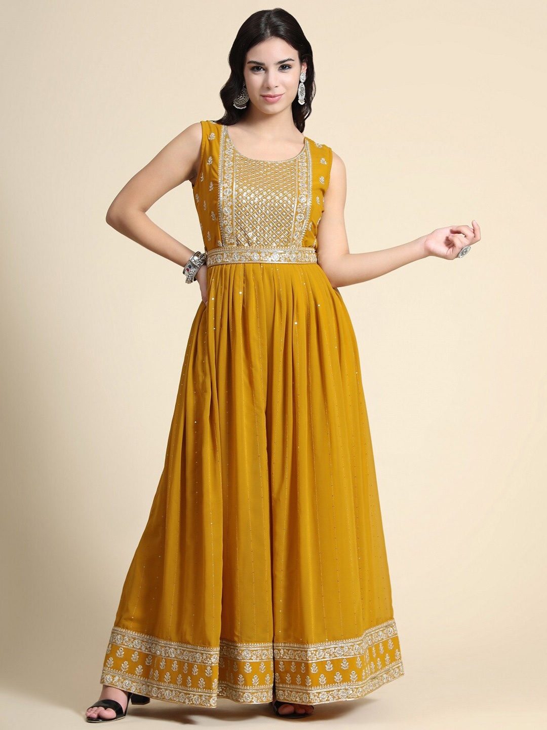 

KALINI Ethnic Motifs Embroidered Sequined Belted Basic Jumpsuit, Mustard