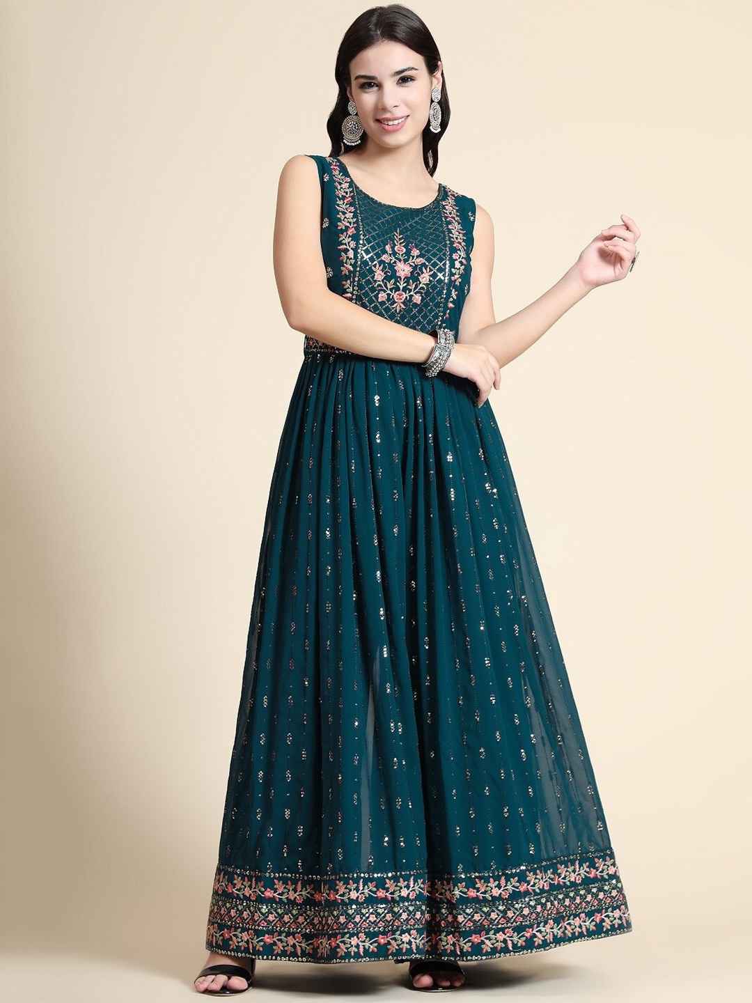 

KALINI Floral Embroidered Sequined Belted Basic Jumpsuit, Teal
