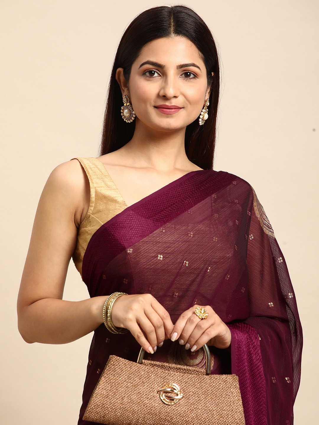 

HERE&NOW Abstract Printed Saree, Burgundy