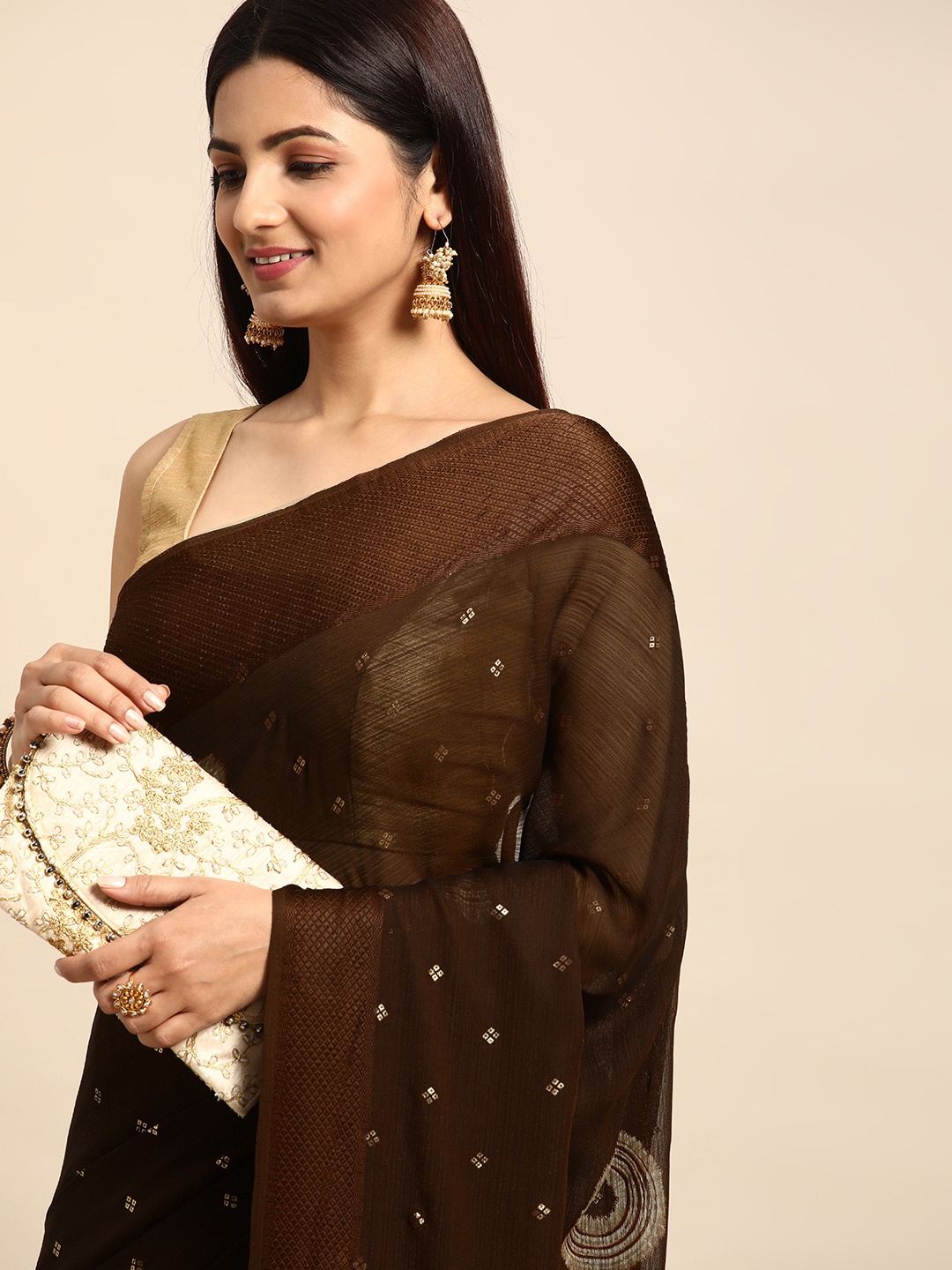 

HERE&NOW Abstract Printed Saree, Brown