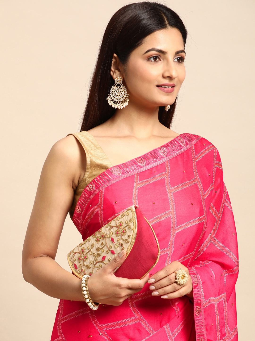 

HERE&NOW Checked Pure Chiffon Saree, Pink