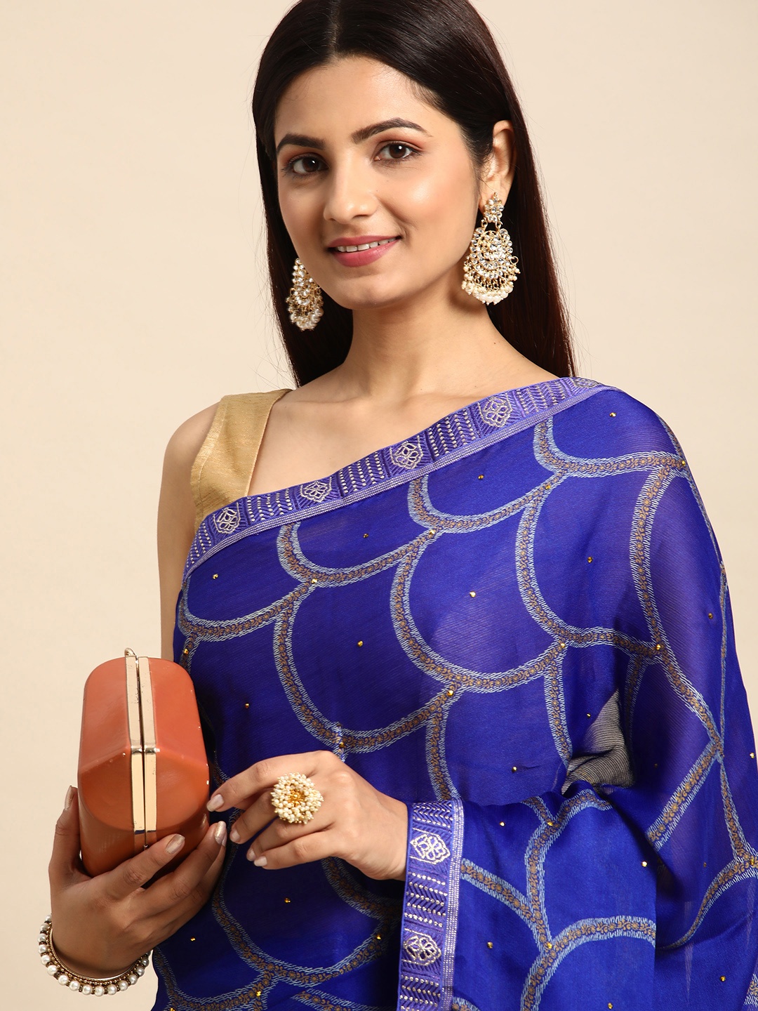 

HERE&NOW Geometric Printed Pure Chiffon Saree, Blue