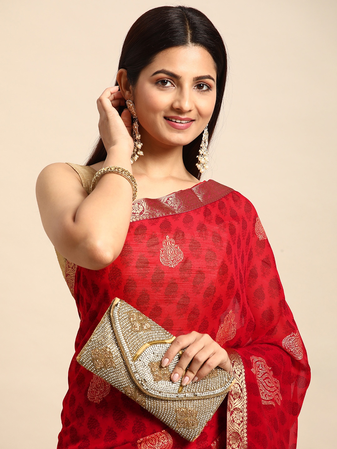 

HERE&NOW Ethnic Motifs Printed Zari Pure Chiffon Saree, Maroon