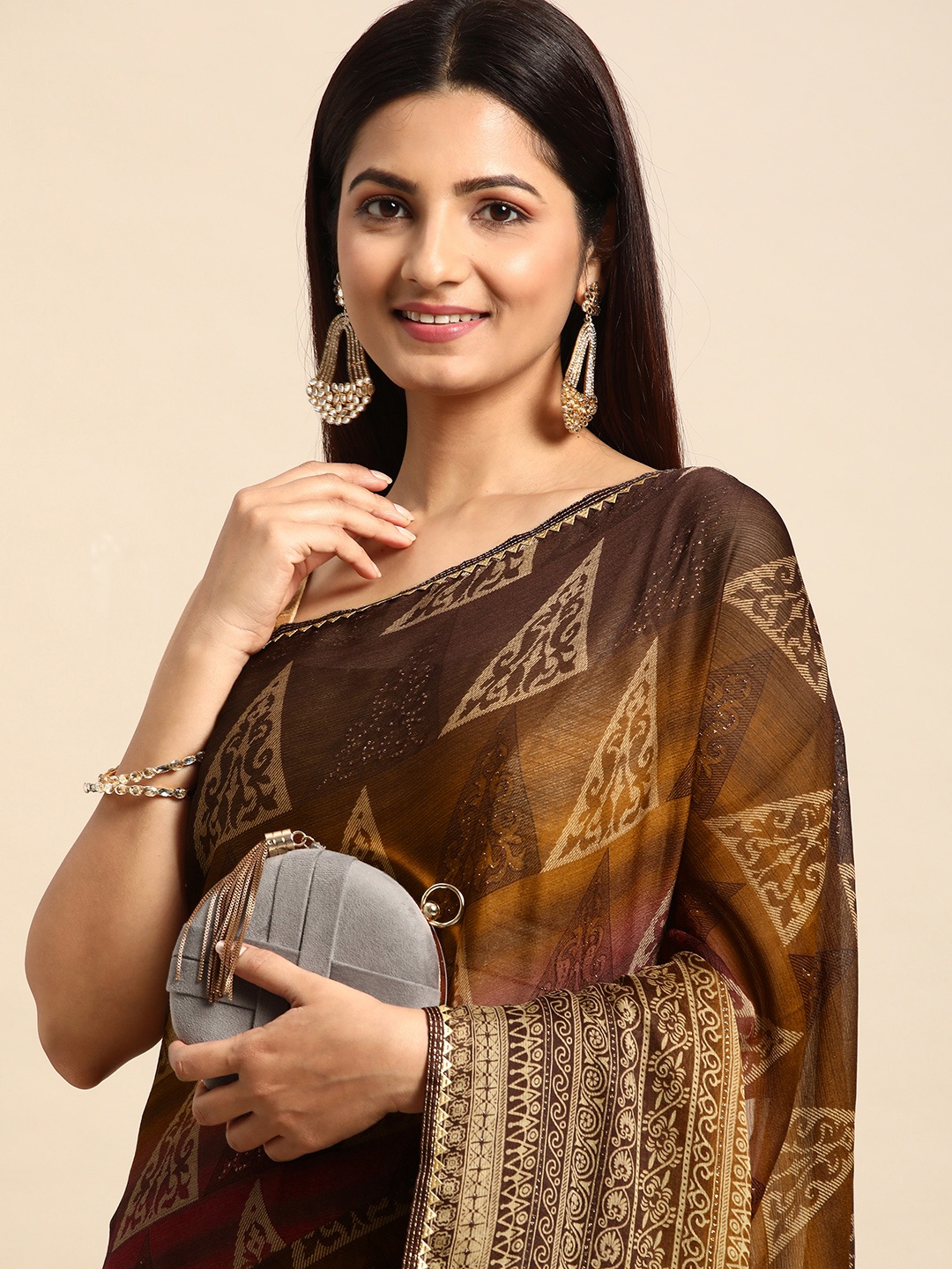 

HERE&NOW Pure Chiffon Saree, Brown