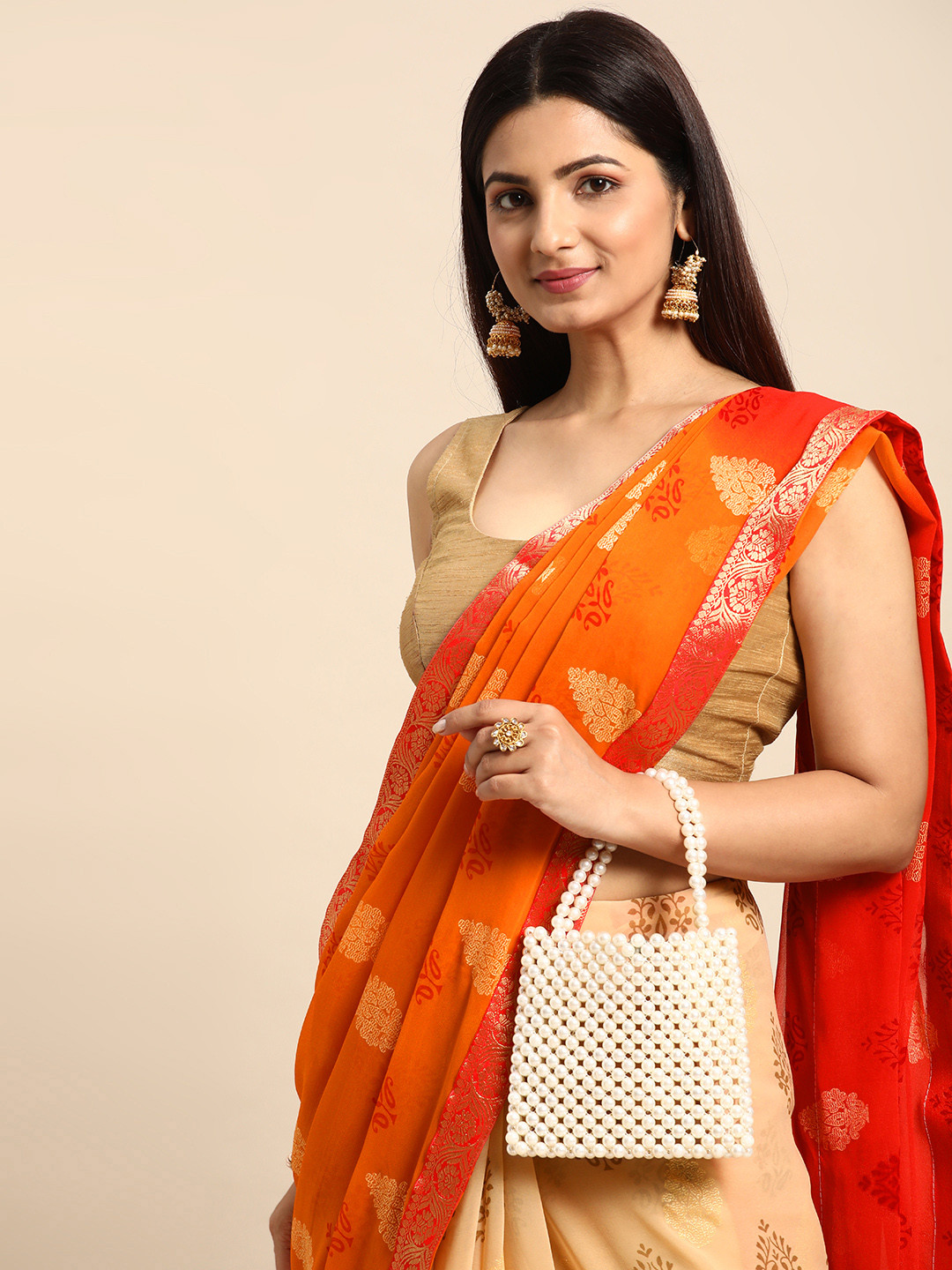 

HERE&NOW Ethnic Motifs Printed Pure Chiffon Saree, Orange