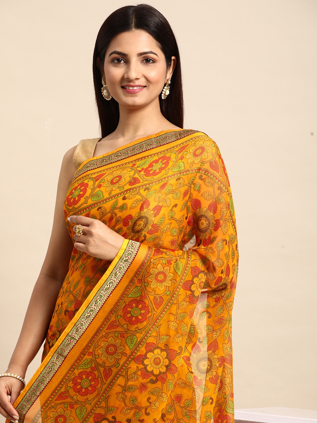 

HERE&NOW Floral Printed Brasso Saree, Mustard