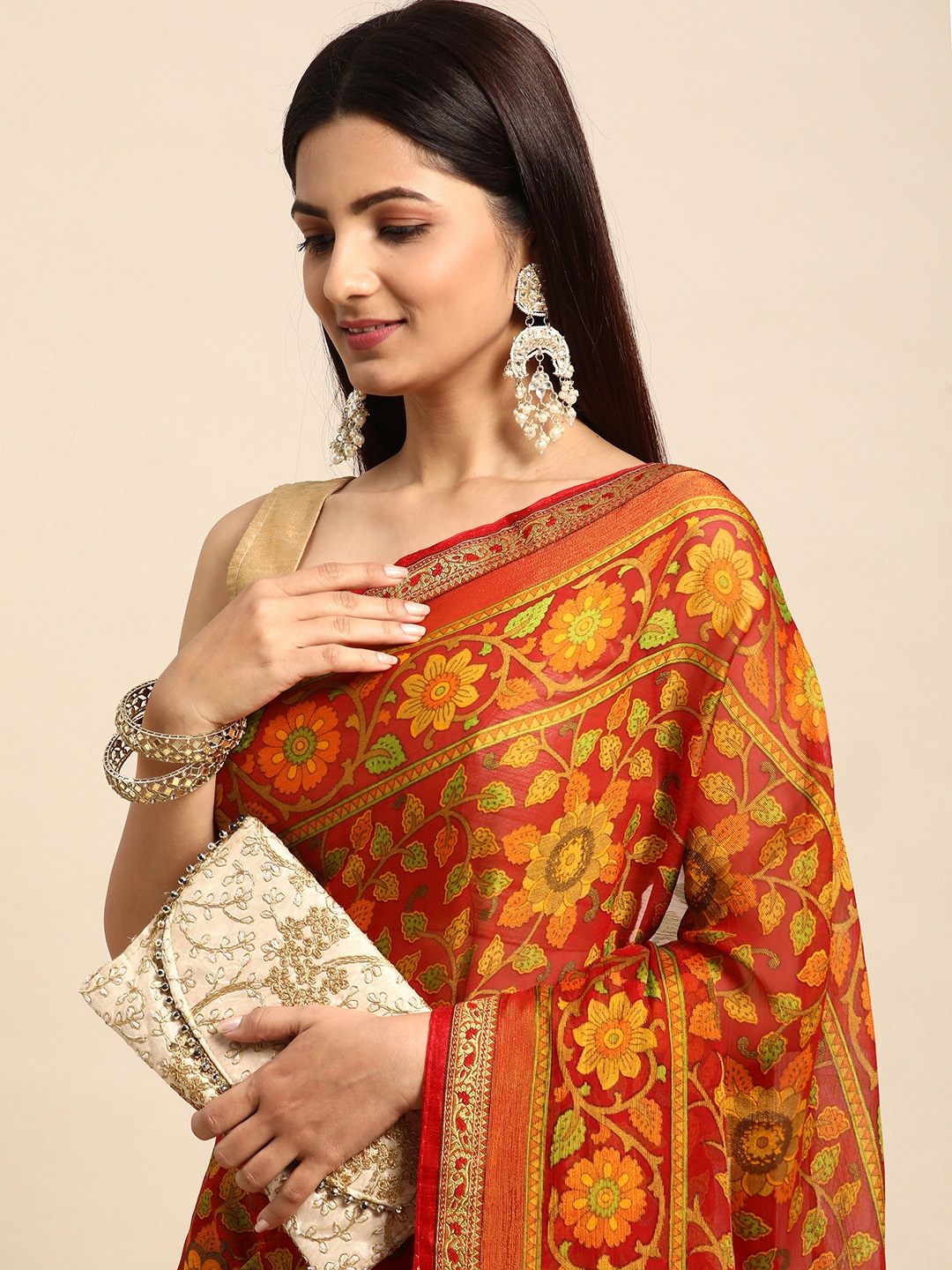 

HERE&NOW Floral Brasso Saree, Red