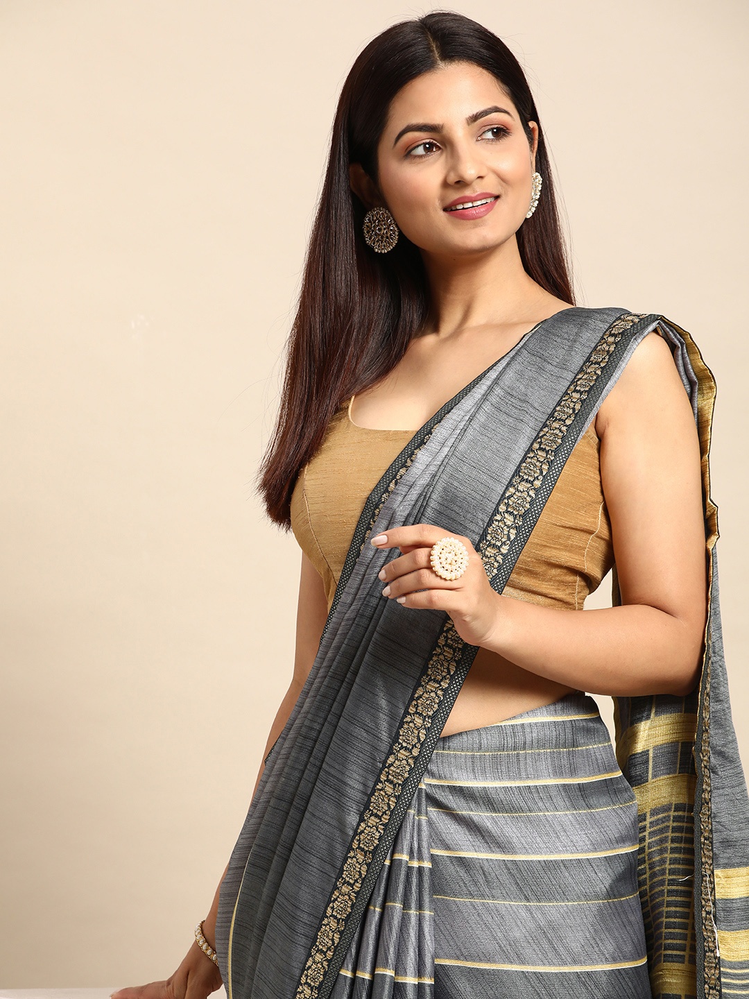

HERE&NOW Striped Pure Chiffon Saree, Grey