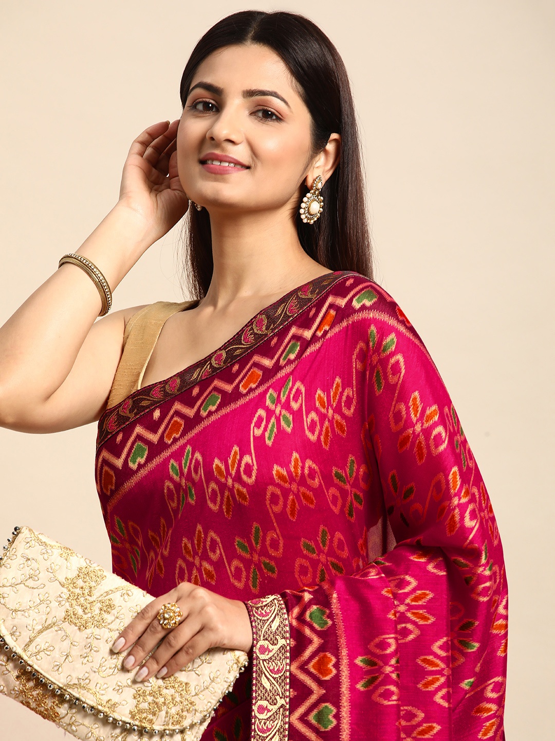 

HERE&NOW Ethnic Motifs Printed Pure Chiffon Saree, Pink