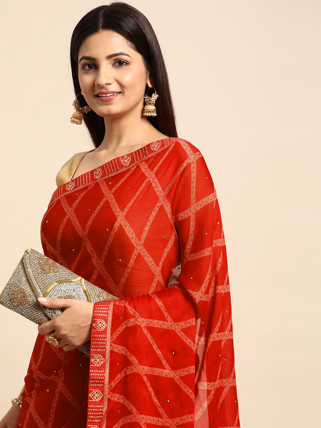 

HERE&NOW Checked Pure Chiffon Saree, Red