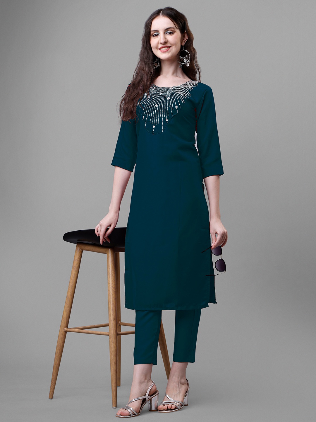 

Femvy Ethnic Motifs Yoke Design Mirror Work Straight Kurta, Blue