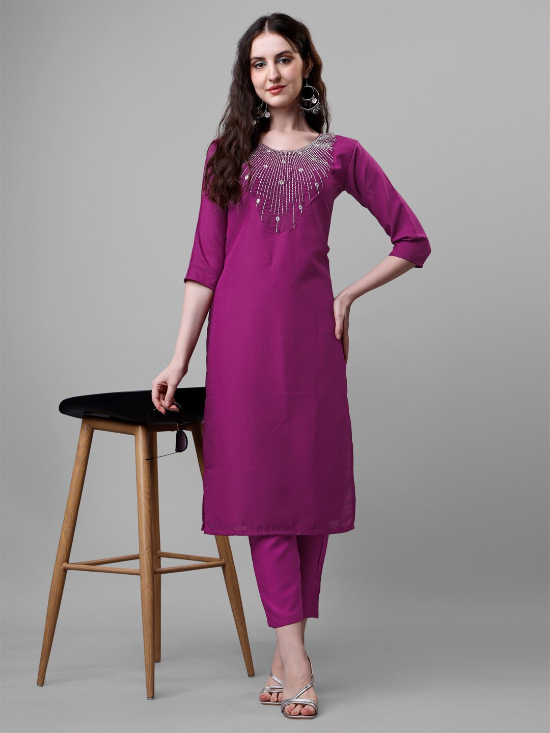 

Femvy Ethnic Motifs Yoke Design Mirror & Thread Work Kurta, Purple