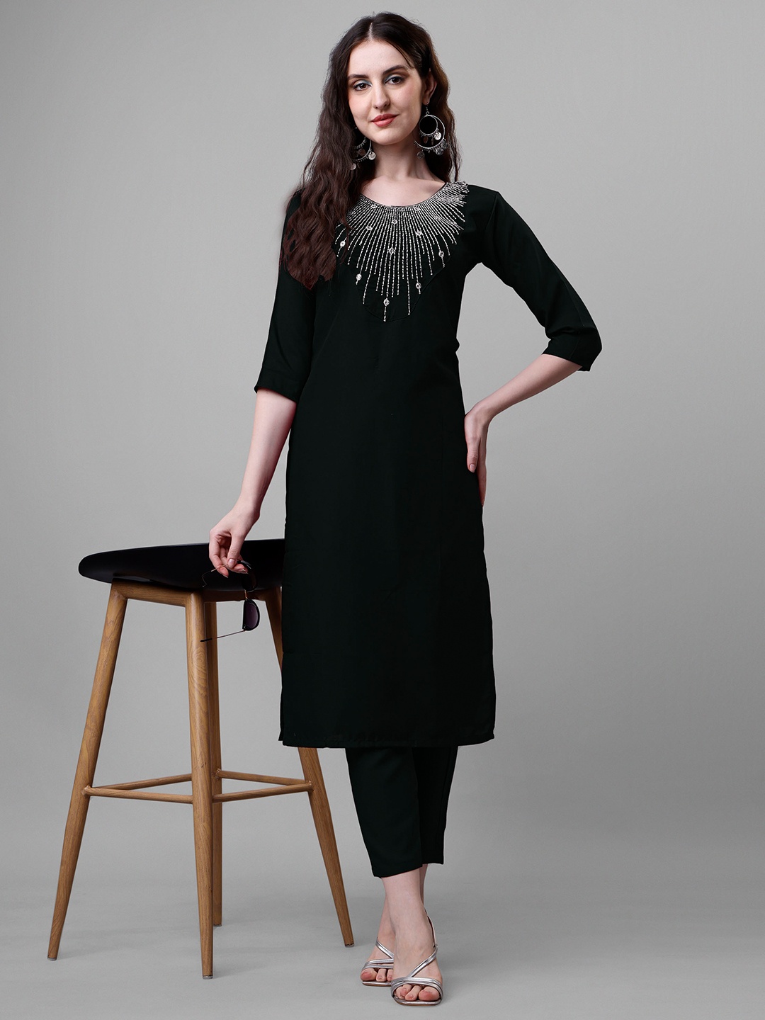 

Femvy Ethnic Motifs Yoke Design Mirror Work Straight Kurta, Black