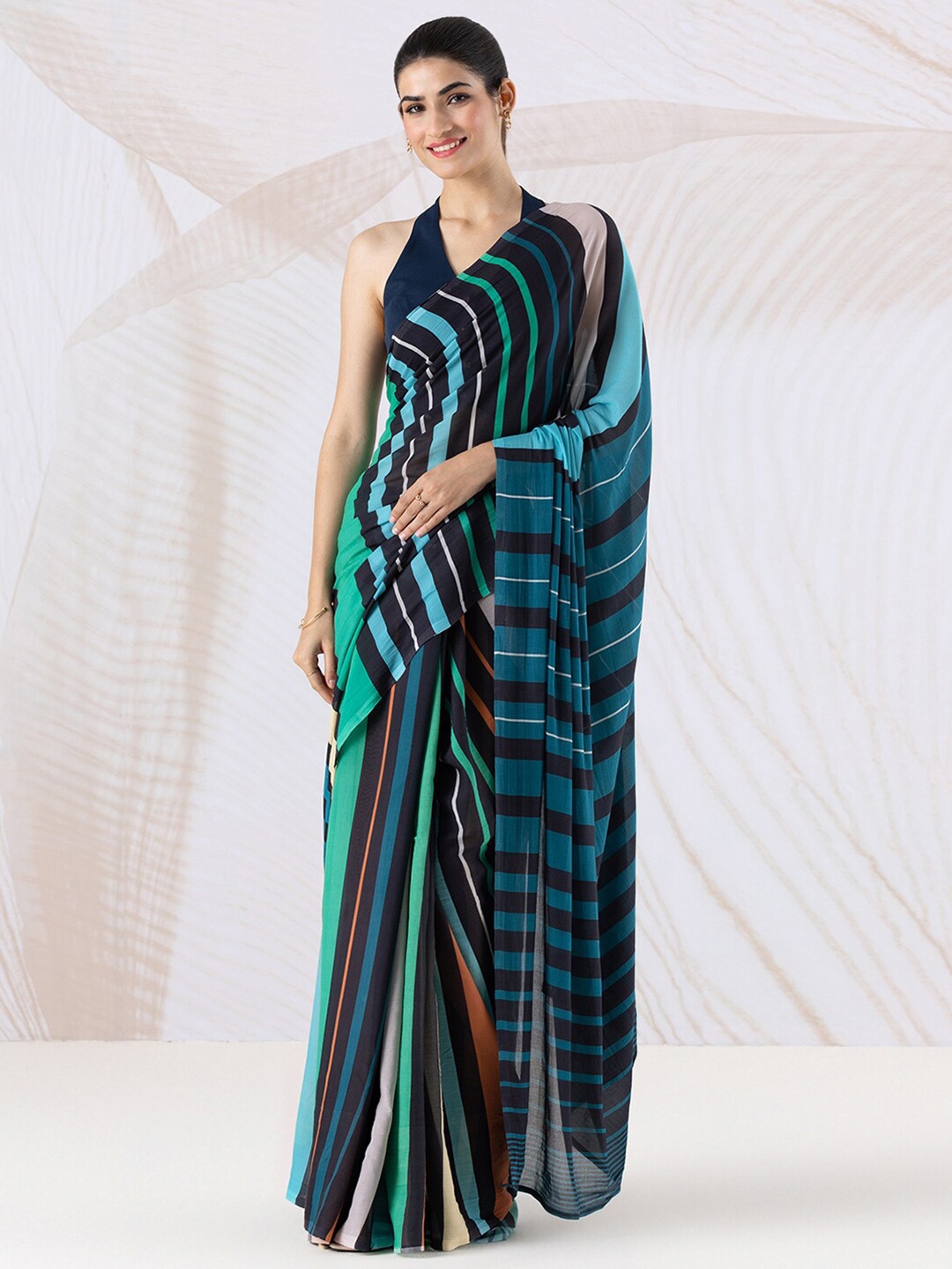 

navyasa by liva Striped Liva Saree, Navy blue