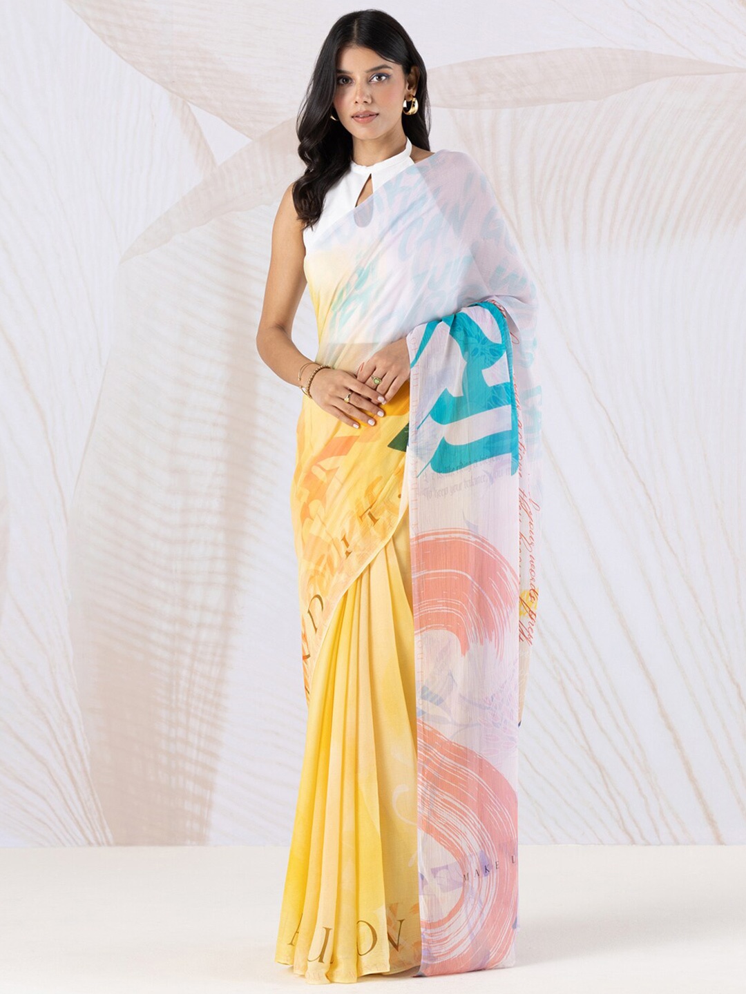

navyasa by liva Abstract Printed Liva Saree, Yellow