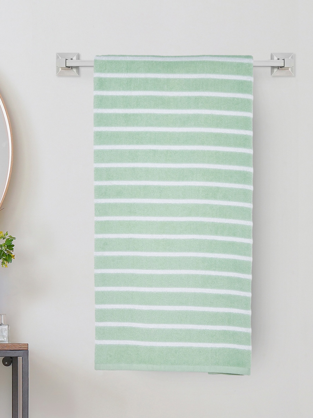 Home Centre Color Refresh Essence Green & White Striped 500 GSM Cotton Bath Towel