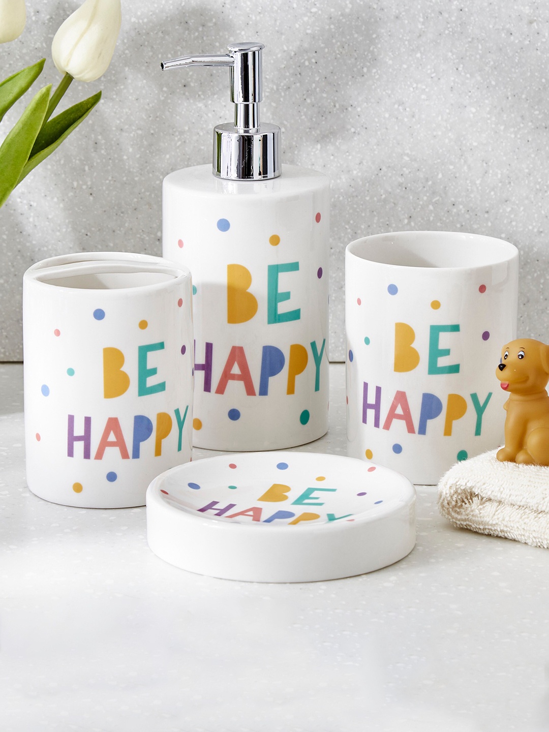 

Home Centre Slate Happy White & Bue Printed Ceramic Tooth Brush Holder