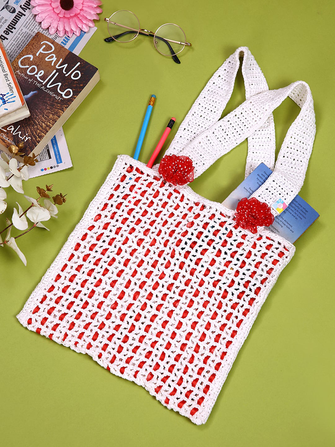 

Magic Needles Textured Structured Pure Cotton Shoulder Bag, White