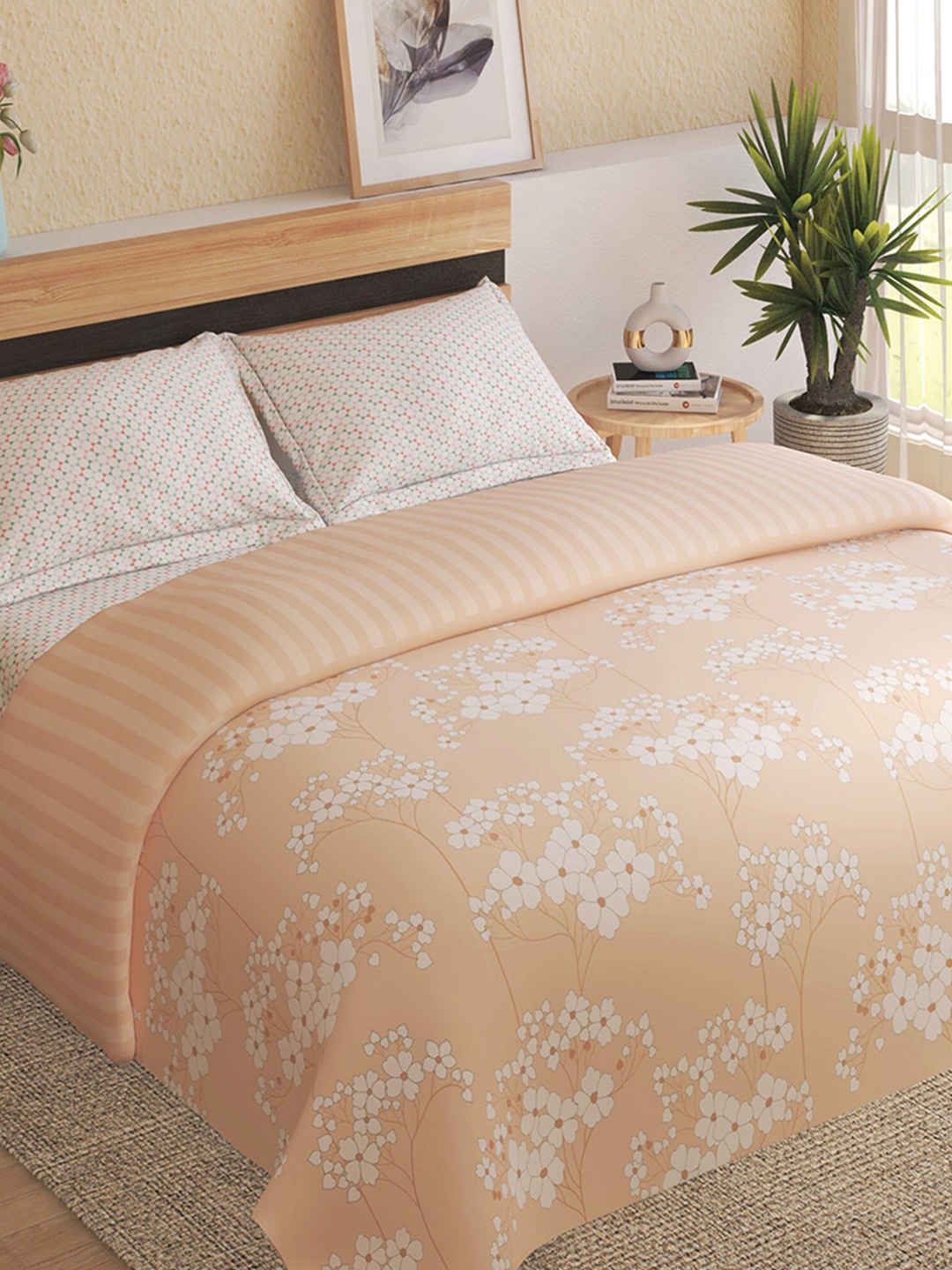 

Home Centre Peach-Coloured Floral Microfiber 150 TC Queen Bedding Set