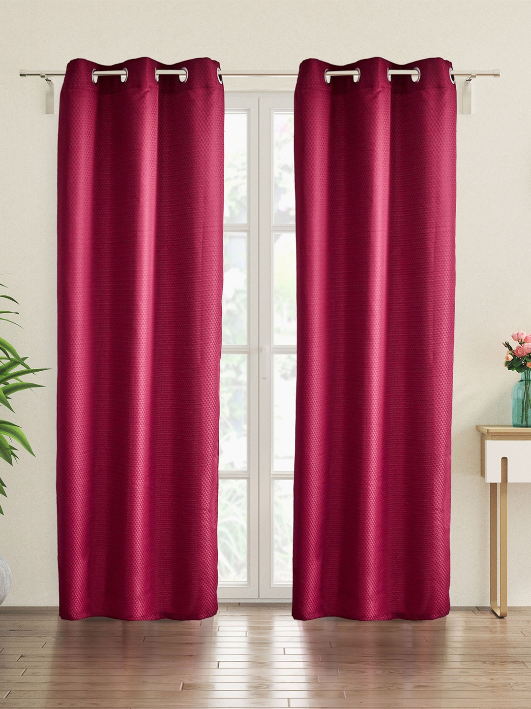 

Home Centre Sierra Pink 2 Pieces Geometric Blackout Window Curtains, Red