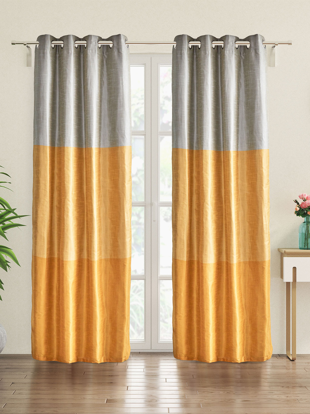 

Home Centre Contempo Grey & Yellow 2 Pieces Colourblocked Black Out Door Curtains