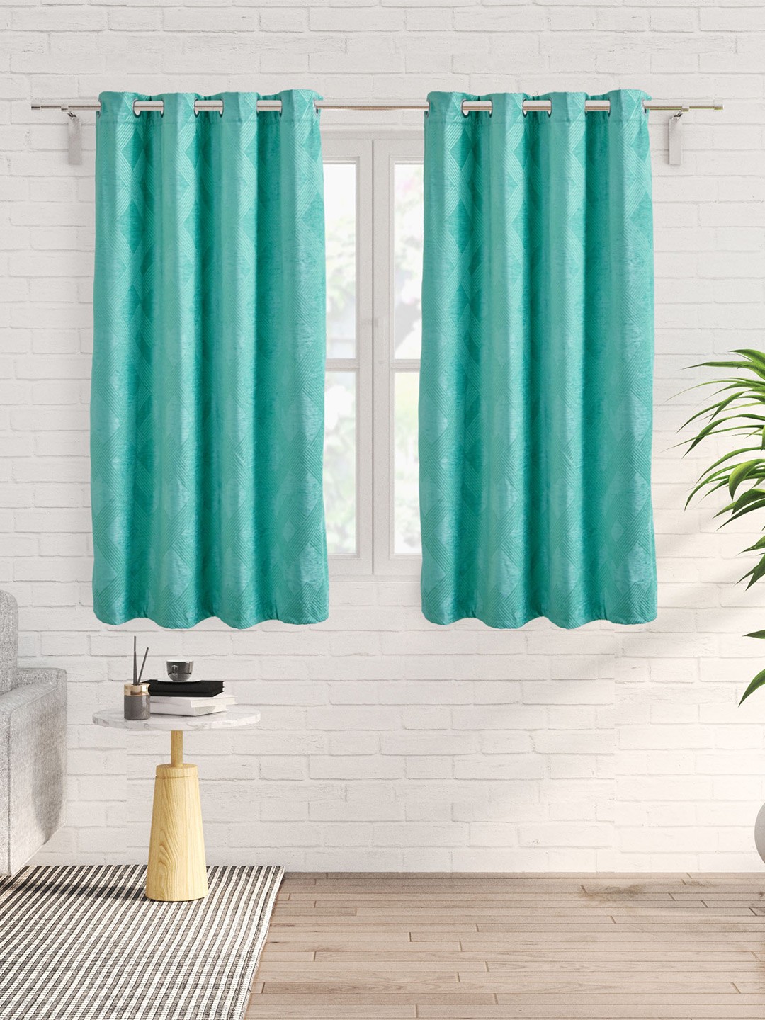 

Home Centre Calamus Blue Geometric Black Out Velvet Window Curtain
