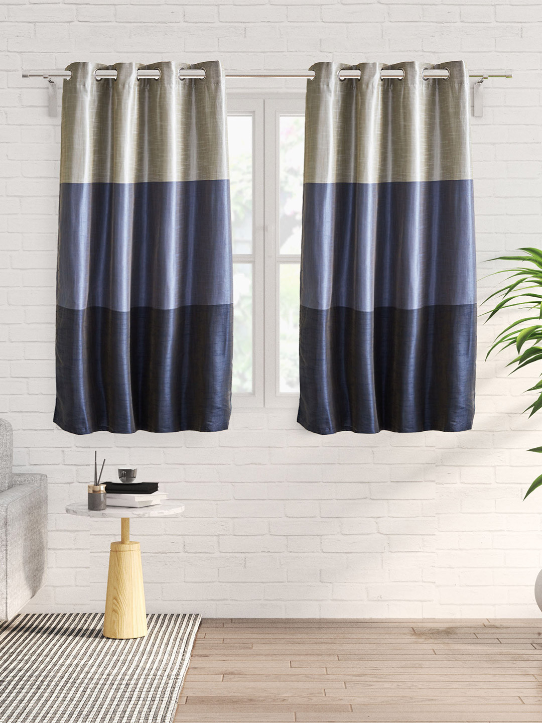 

Home Centre Contempo Blue & Grey 2 Pieces Colourblocked Black Out Window Curtains