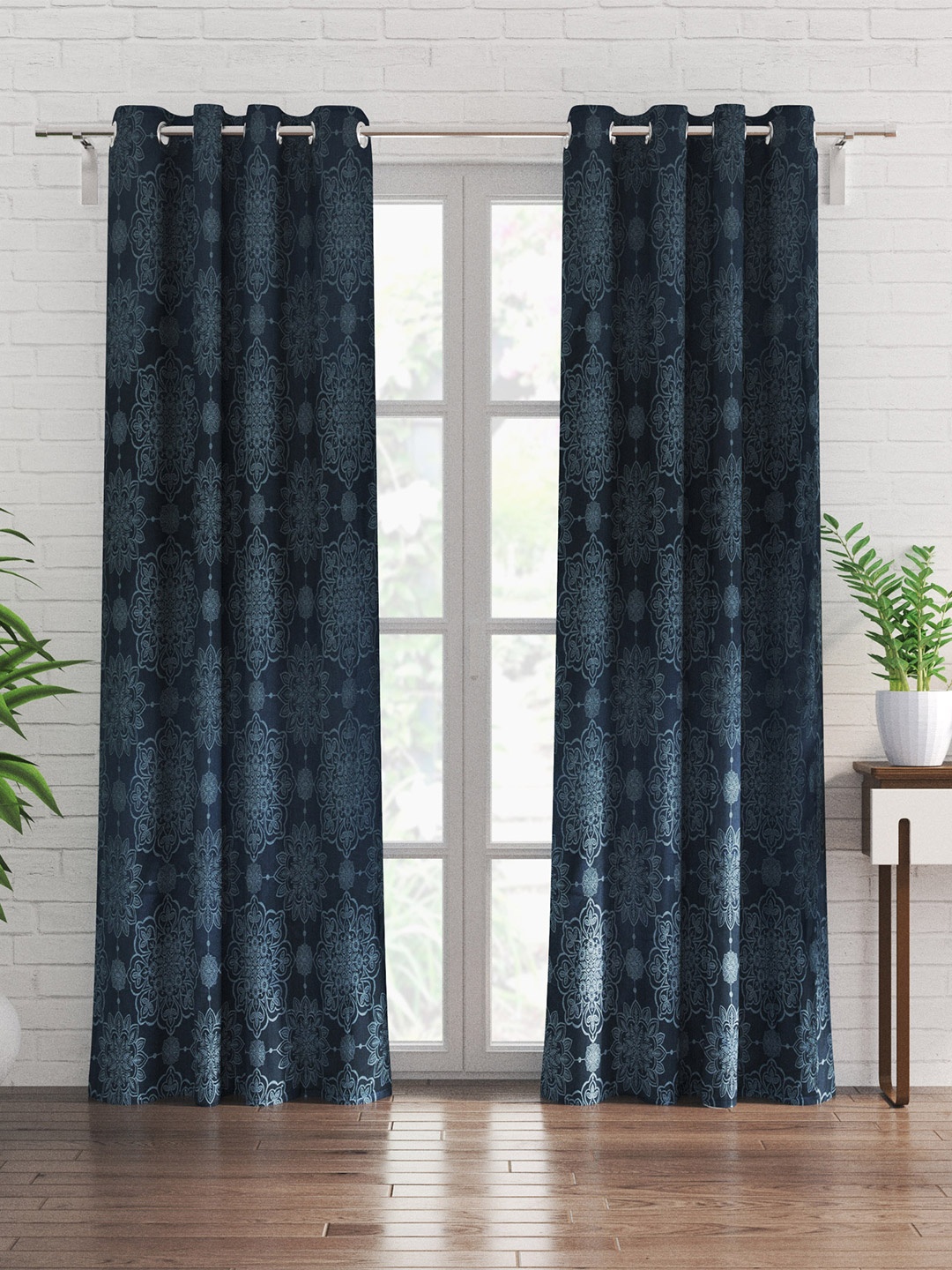 

Home Centre Griffin Navy Blue 2 Pieces Ethnic Motifs Jacquard Black Out Door Curtains