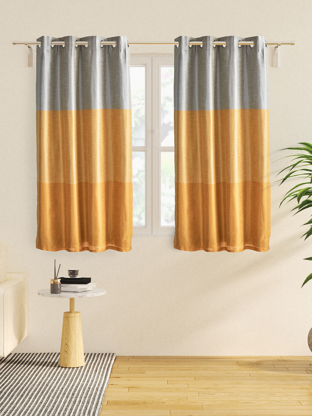 

Home Centre Contempo Grey & Yellow 2 Pieces Colourblocked Black Out Window Curtains